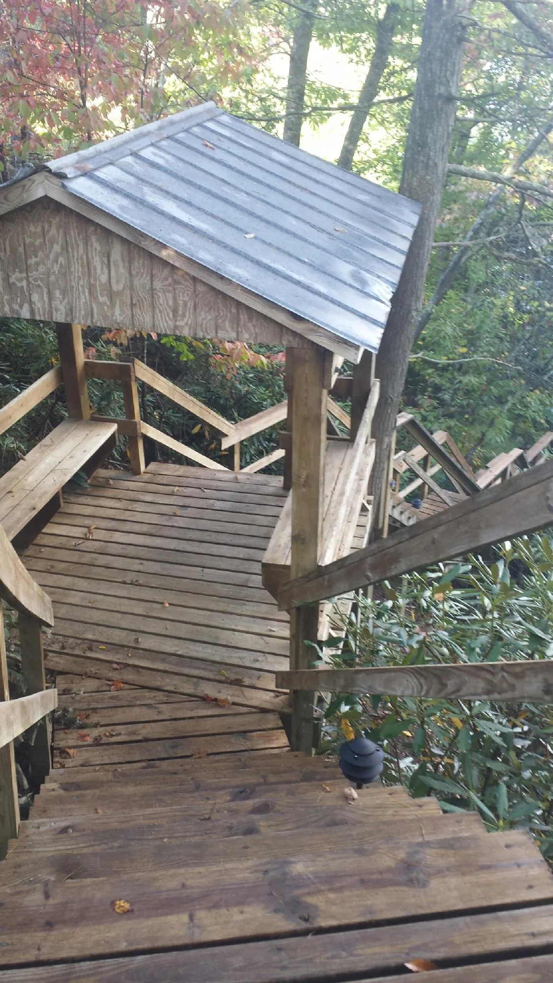 Metal roofed shelter over wooden steps on a wooded walkway — Skylight Repair & Installation work by our crew in Rubicon